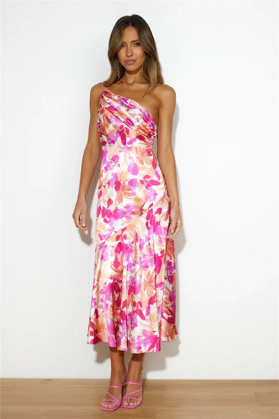Women's One-Shoulder Midi Dress – Pink