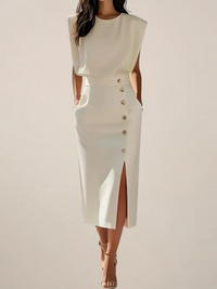 Women's High-Waisted Skirt – Button-Front & Side Slit | Smart Midi Skirt
