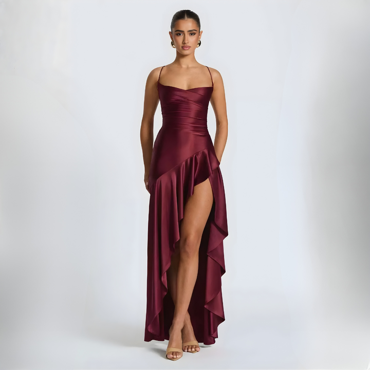 Women's Maxi Satin Party Dress – Burgundy