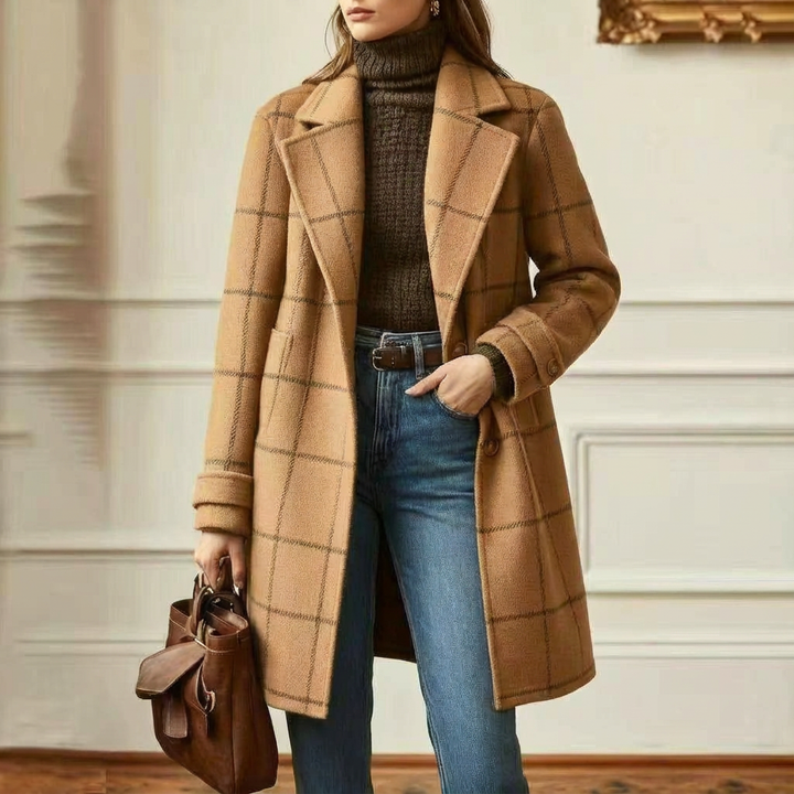 Women's Check Wool-Look Coat – Camel