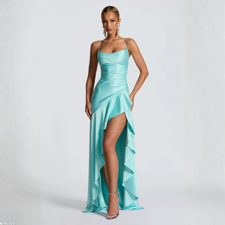 Women's Maxi Satin Party Dress – Azure Blue