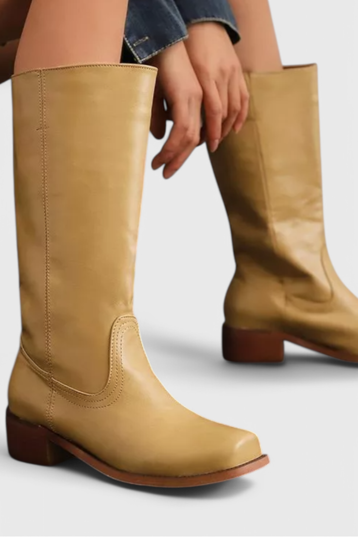 Women's Leather-Look Block Heel Knee High Boots