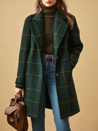 Women's Check Coat – Lapel Collar & with Pockets | Smart Winter Overcoat