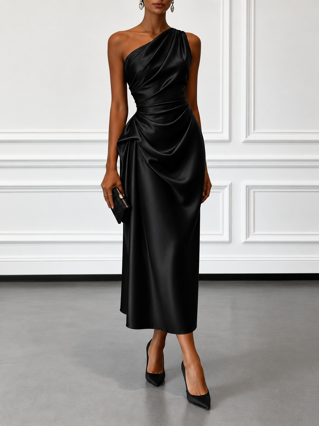 Women's Midi Satin Party Dress – Black