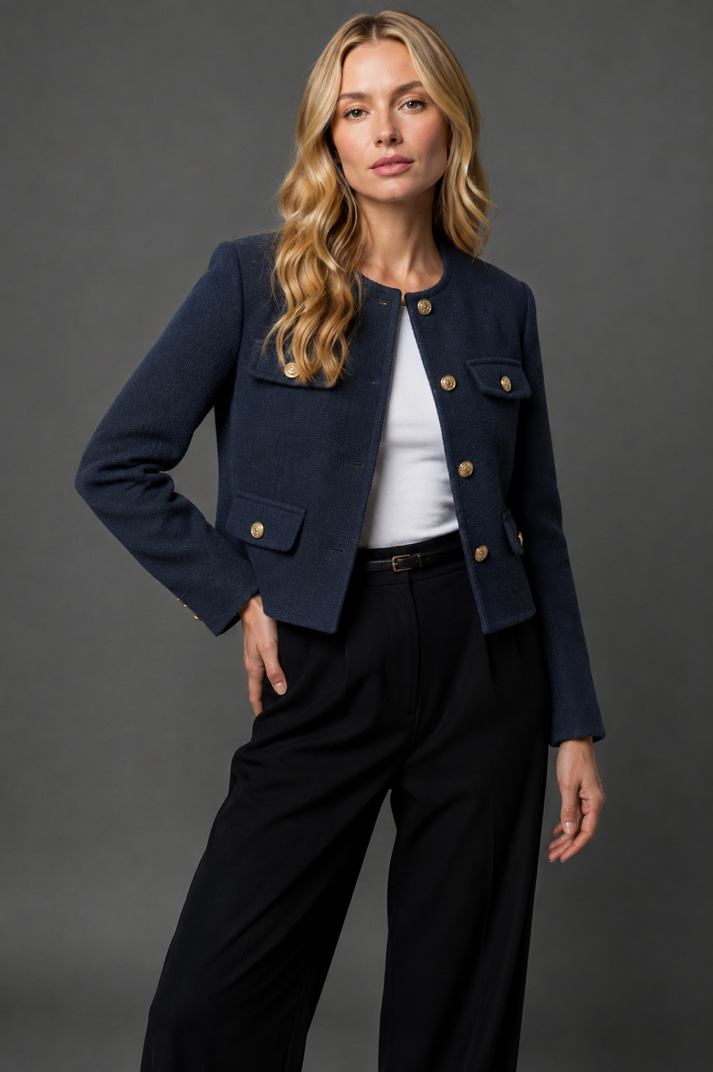 Women's Cropped Wool-Look Blazer – Navy Blue