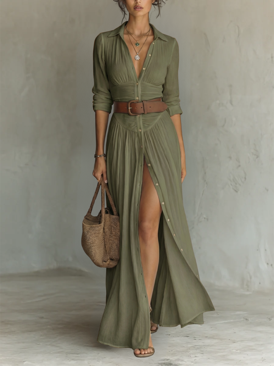 Women's Long Sleeve Midi Dress – Green