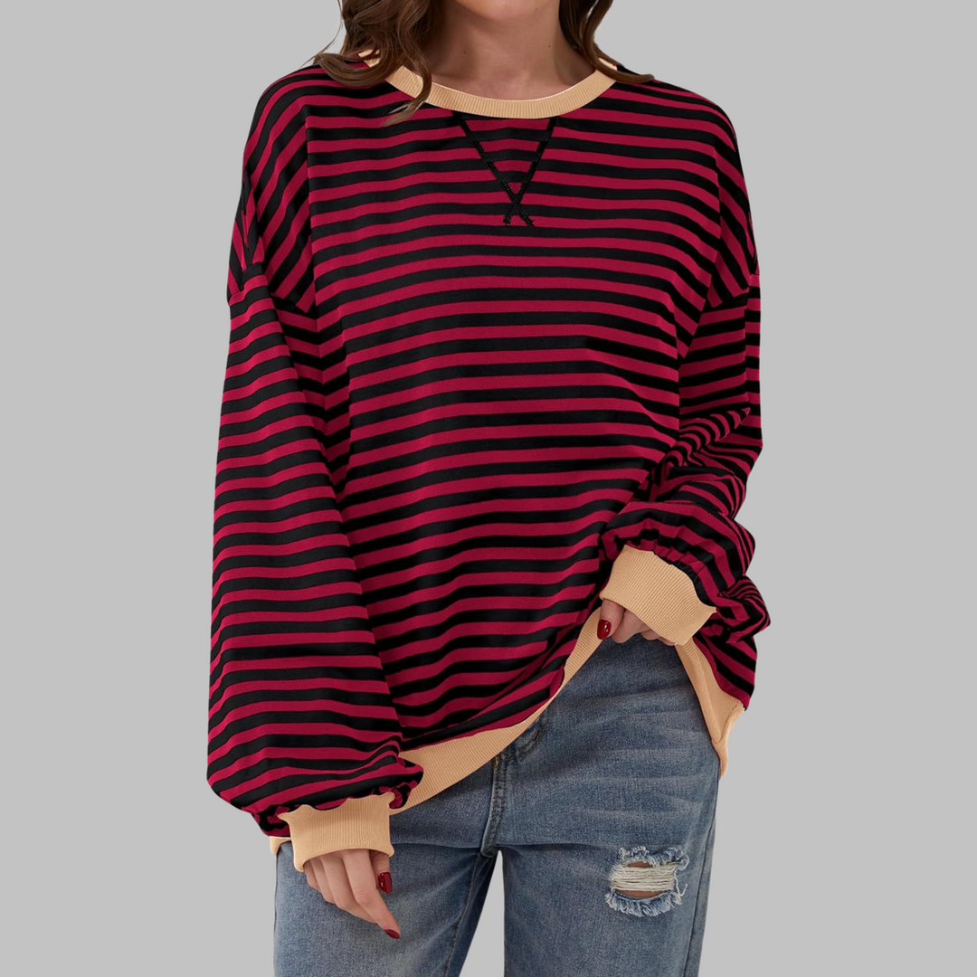 Women's Relaxed Fit Striped Sweatshirt – Burgundy