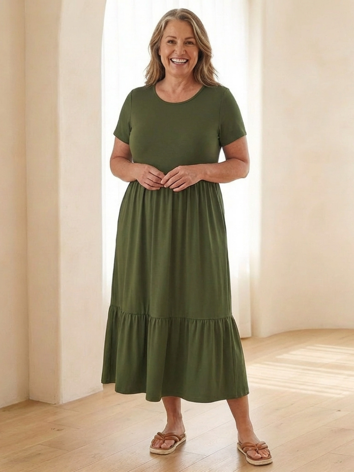 Nerissa | Round Neck Short Sleeve Tiered Midi Dress