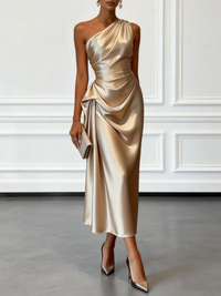 Women's Midi Satin Party Dress – One-Shoulder, Ruffle & Sleeveless | Christmas Party & Evening Dress