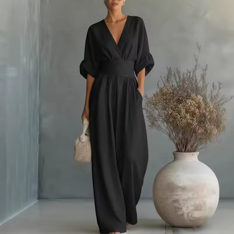 Women's Wide-Leg V-Neck Jumpsuit – Black