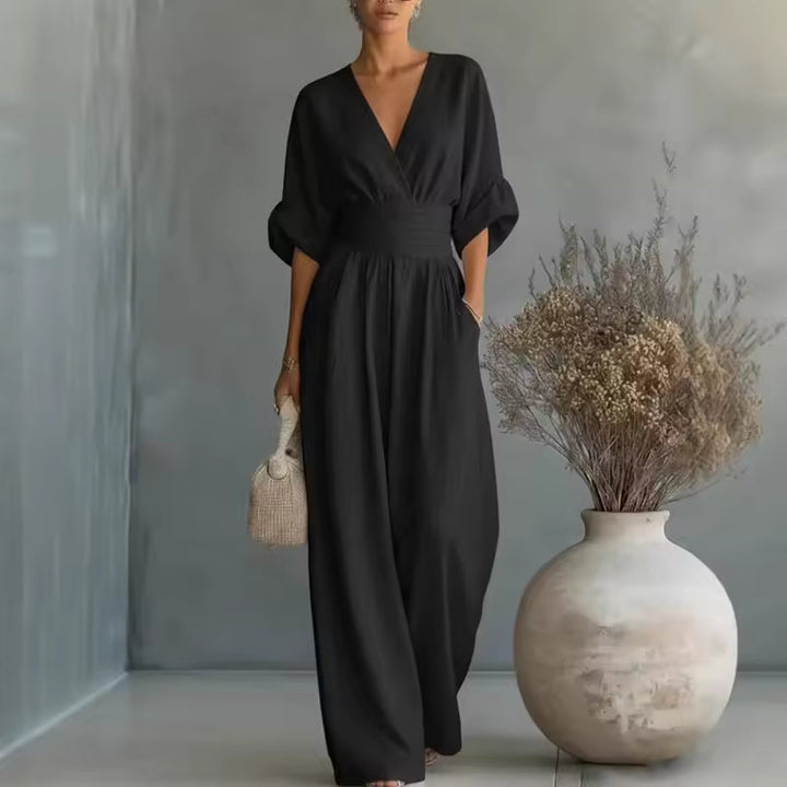 Women's Wide-Leg V-Neck Jumpsuit – Black