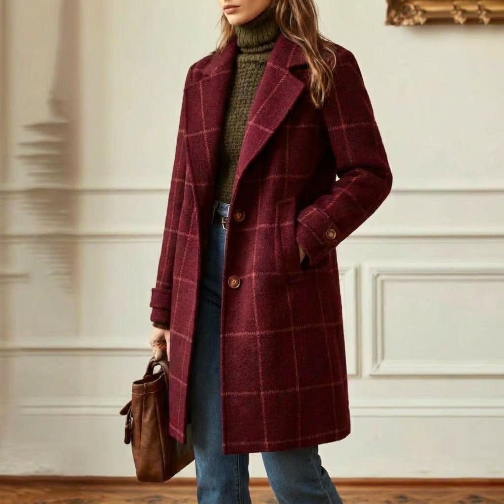 Women's Check Wool-Look Coat – Burgundy