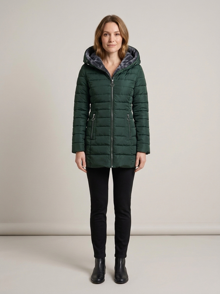 Women's Faux Fur Quilted Puffer Jacket – Dark Green