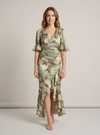 Women's Floral Satin Wrap Dress – V-Neck, Ruffle Sleeves & High-Low Hem | Christmas Party & Evening Dress