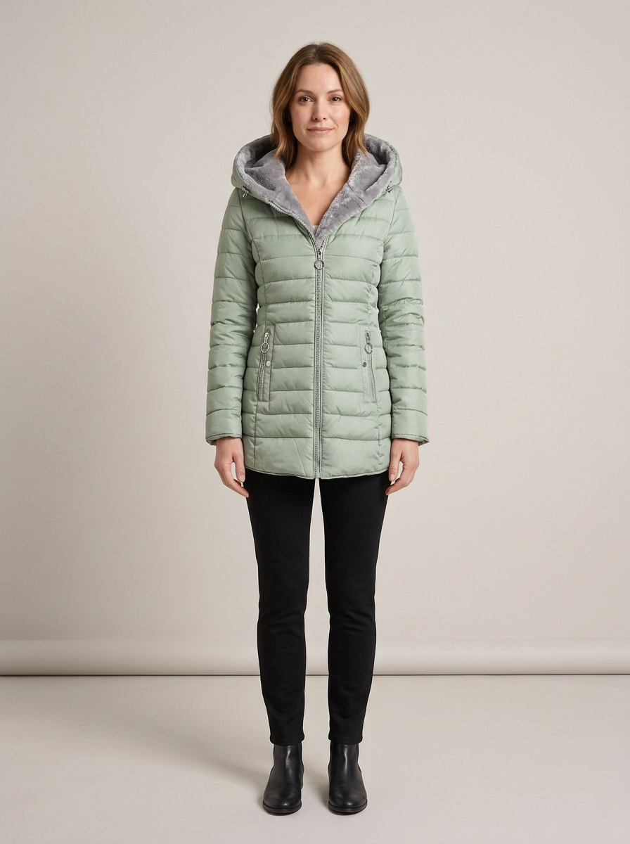 Women's Faux Fur Quilted Puffer Jacket – Light Green