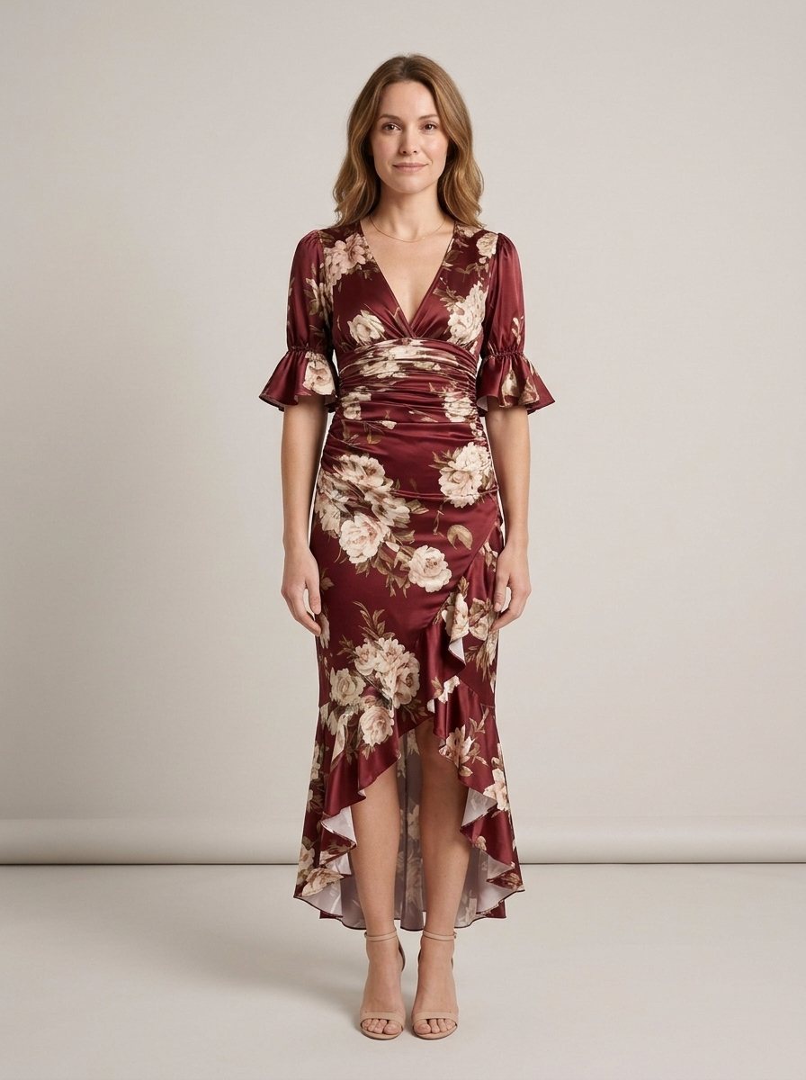 Women's Floral Satin Wrap Dress – Red