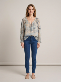 Women's Printed Chiffon V-Neck Blouse – Ruffle Trim & Tie Neck | Smart Office & Party Top
