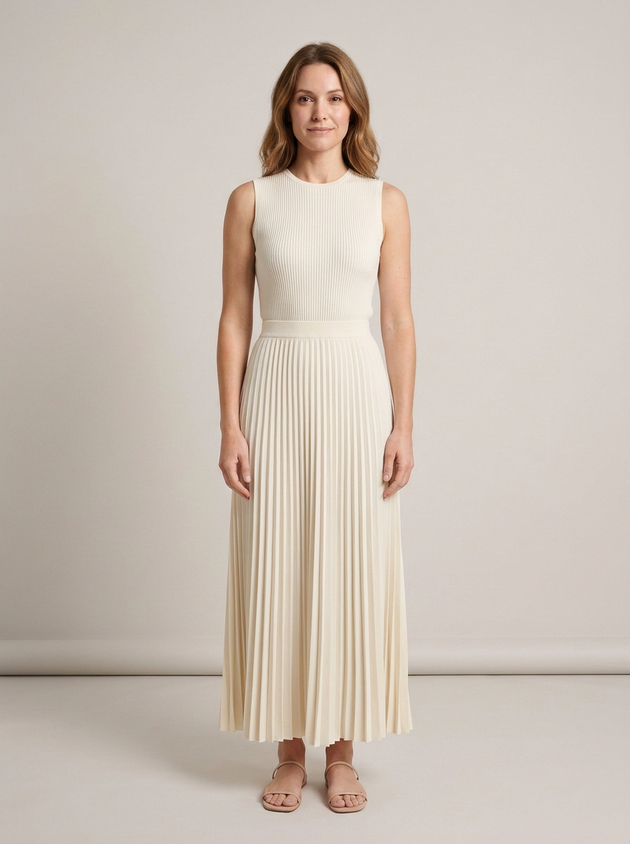 Women's Knit Top & Pleated Maxi Skirt Co-ord Set – Cream