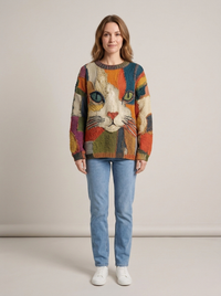 Women's Cat Face Chunky Knit Jumper – Crew Neck & Relaxed Fit | Cosy Winter Jumper