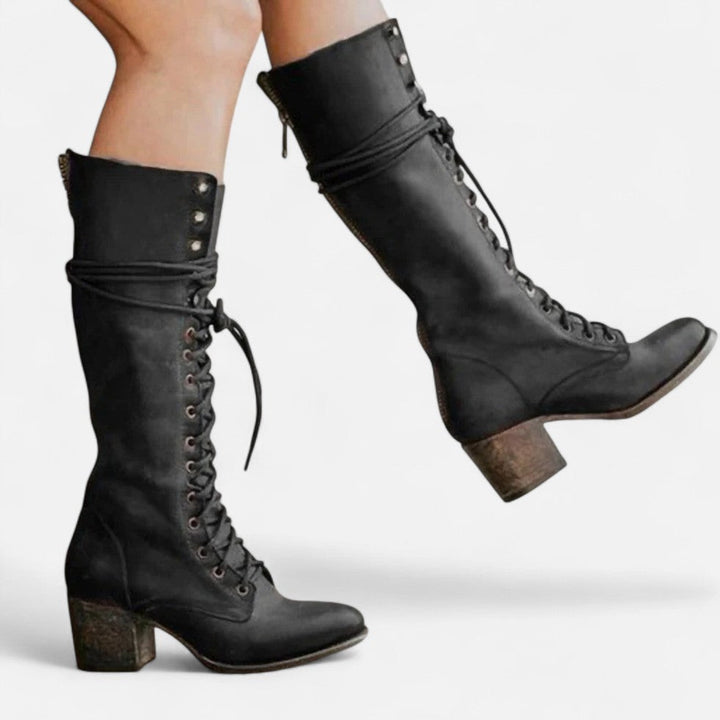 Women's Block Heel Lace-Up Knee High Boots – Black