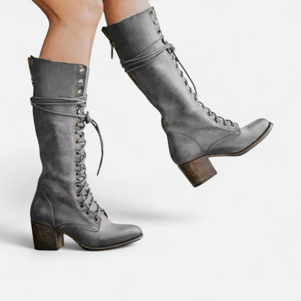 Women's Block Heel Lace-Up Knee High Boots – Grey