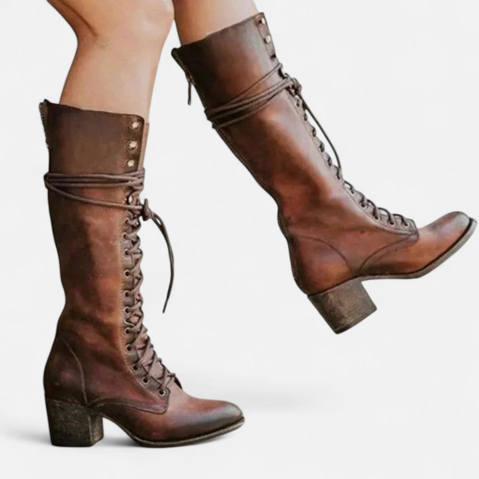 Women's Block Heel Lace-Up Knee High Boots – Brown