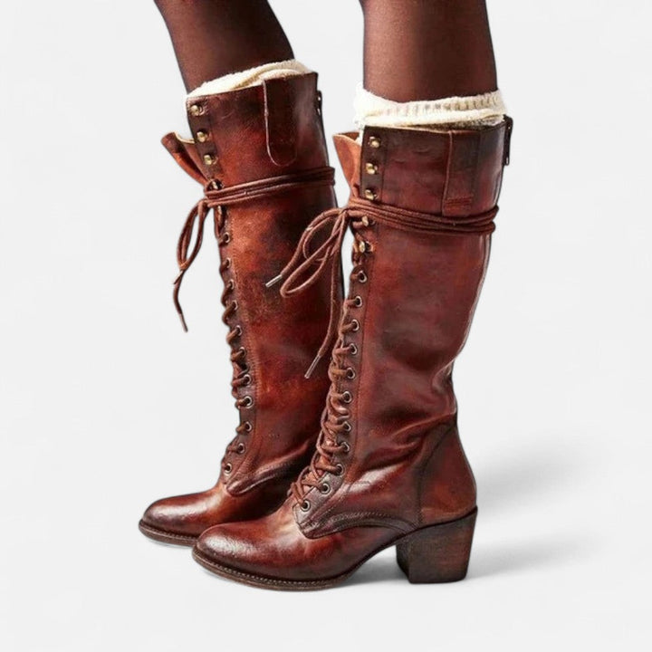 Women's Block Heel Lace-Up Knee High Boots – Red