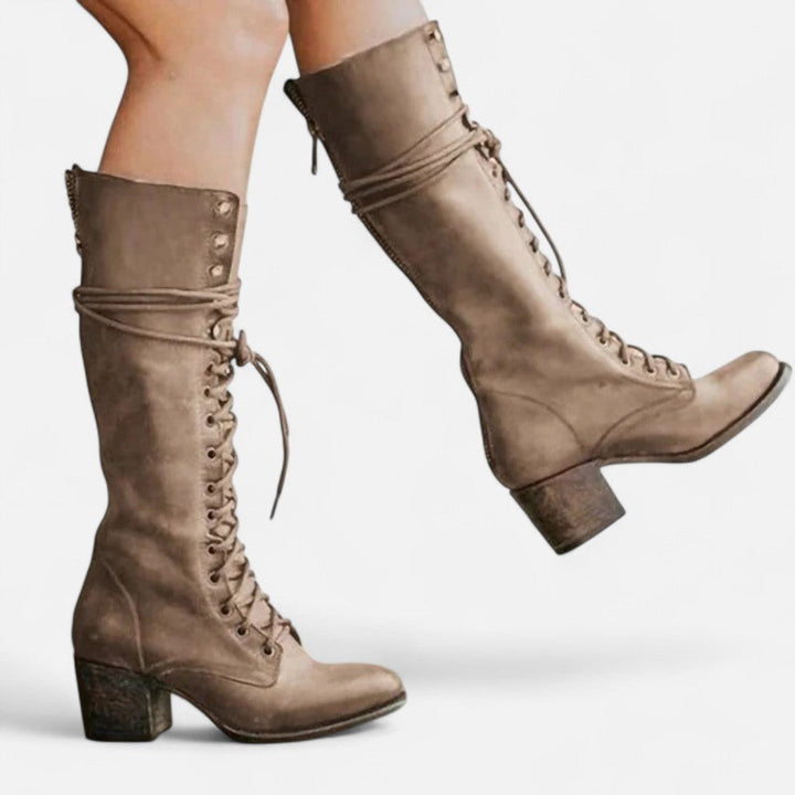 Women's Block Heel Lace-Up Knee High Boots – Khaki