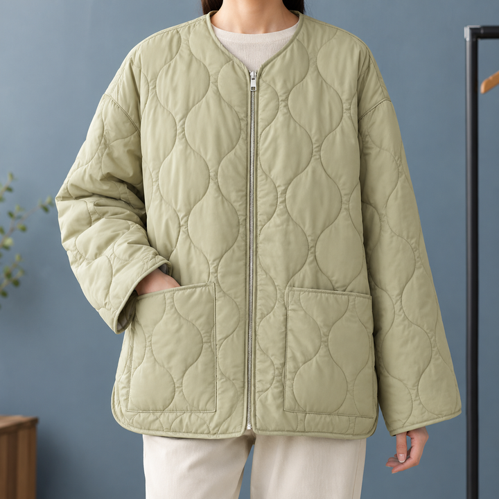 Women's Quilted Puffer Jacket – Square Pocket Khaki