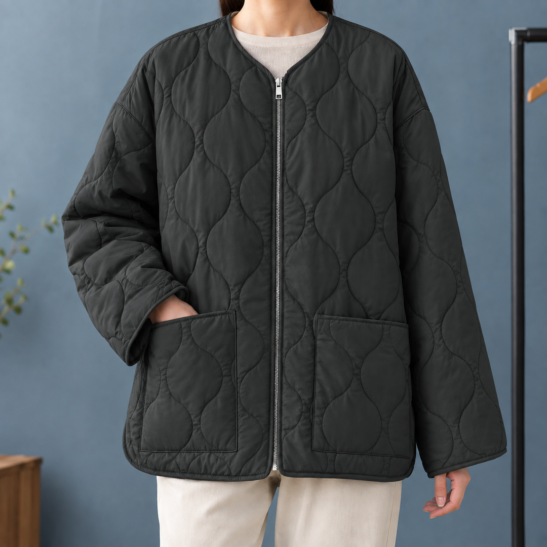 Women's Quilted Puffer Jacket – Square Pocket Black