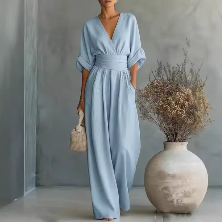 Women's Wide-Leg V-Neck Jumpsuit – Light Blue