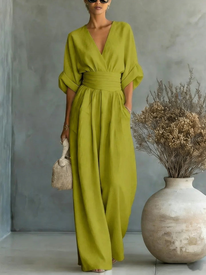 Women's Wide-Leg V-Neck Jumpsuit – Light Green