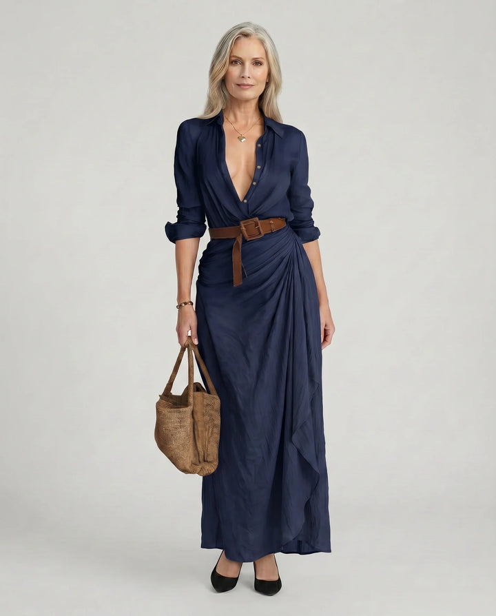 Women's Long Sleeve Maxi Dress – Navy Blue