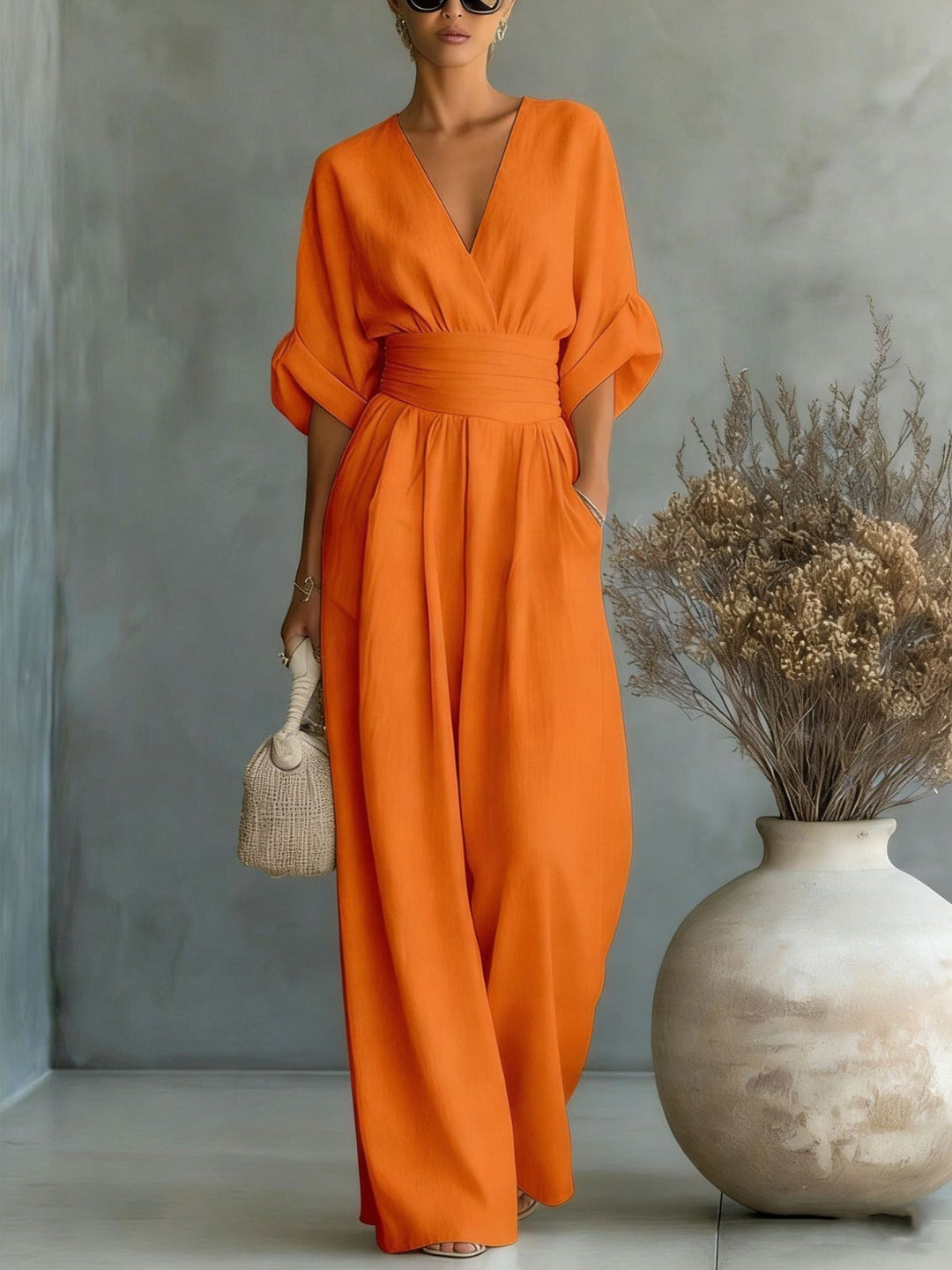 Women's Wide-Leg V-Neck Jumpsuit – Orange