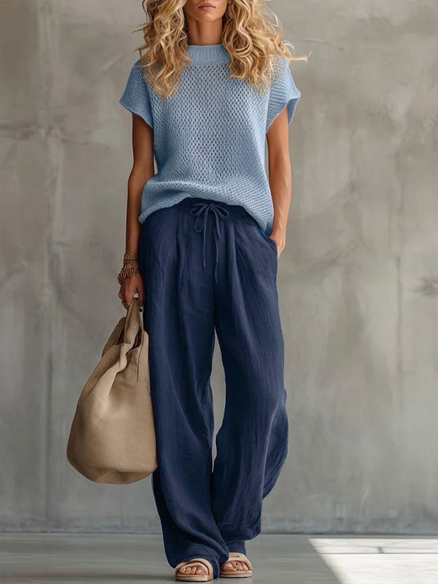 Women's Knitted Linen-Look Co-ord Set – Navy