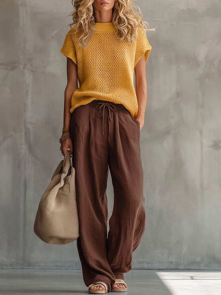 Women's Knitted Linen-Look Co-ord Set – Coffee