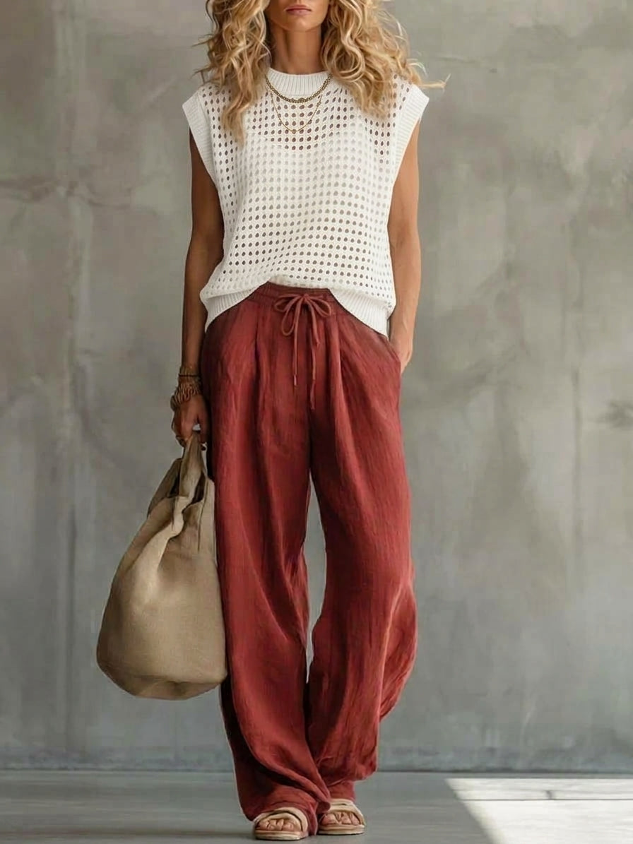 Women's Knitted Linen-Look Co-ord Set – Red