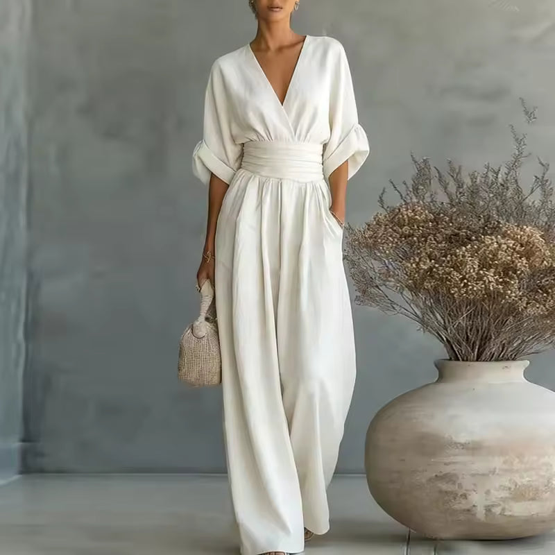 Women's Wide-Leg V-Neck Jumpsuit – White