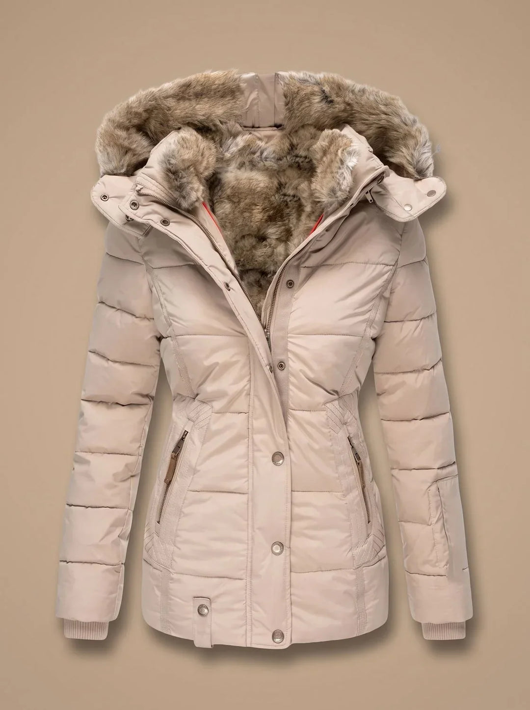Women's Faux Fur Quilted Puffer Jacket – Beige