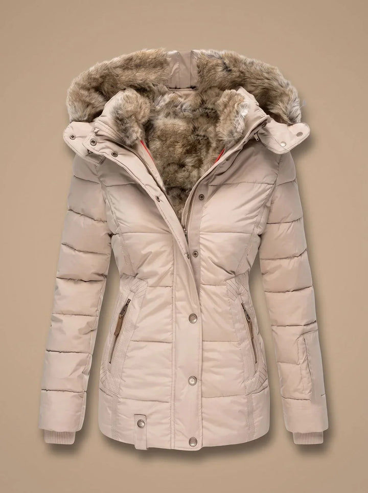Women's Faux Fur Quilted Puffer Jacket – Beige