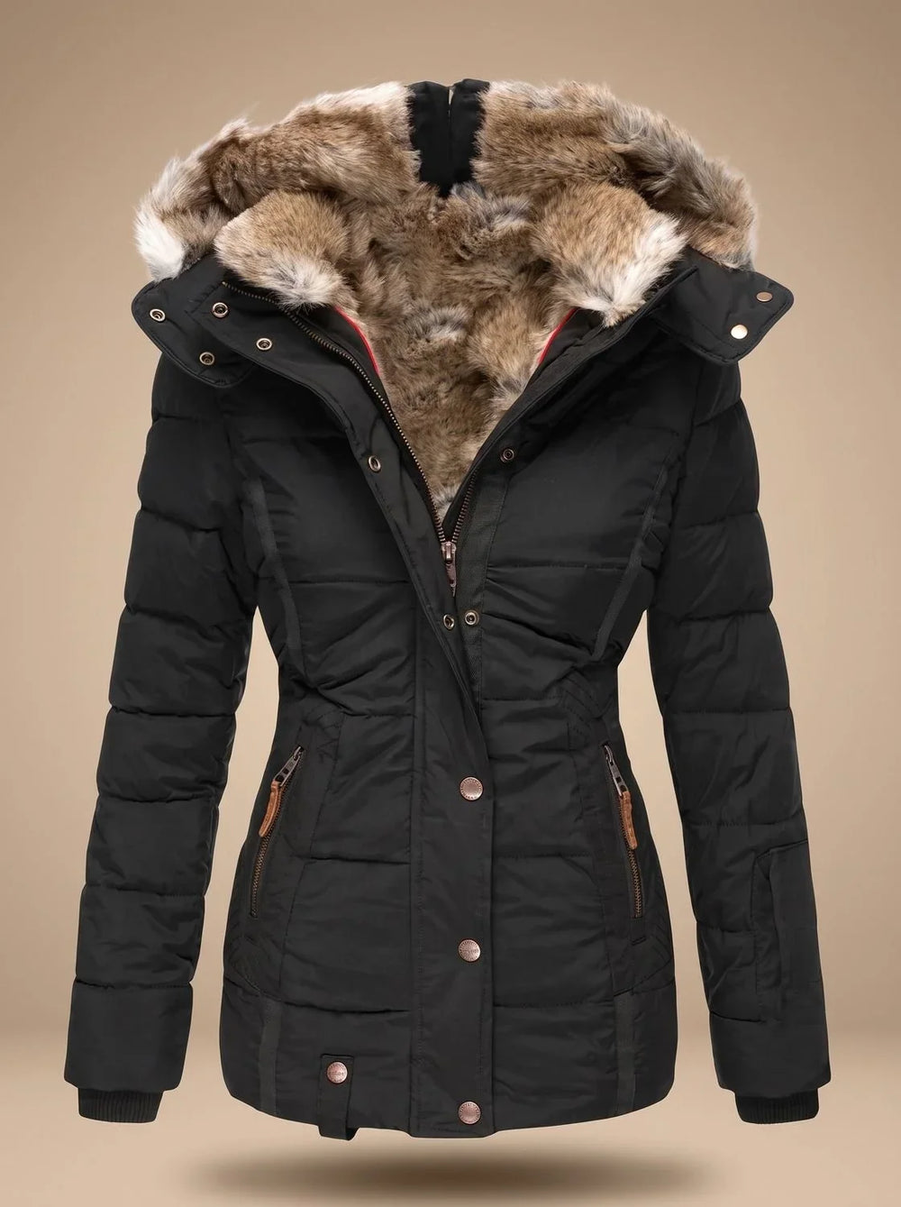 Women's Faux Fur Quilted Puffer Jacket – Black
