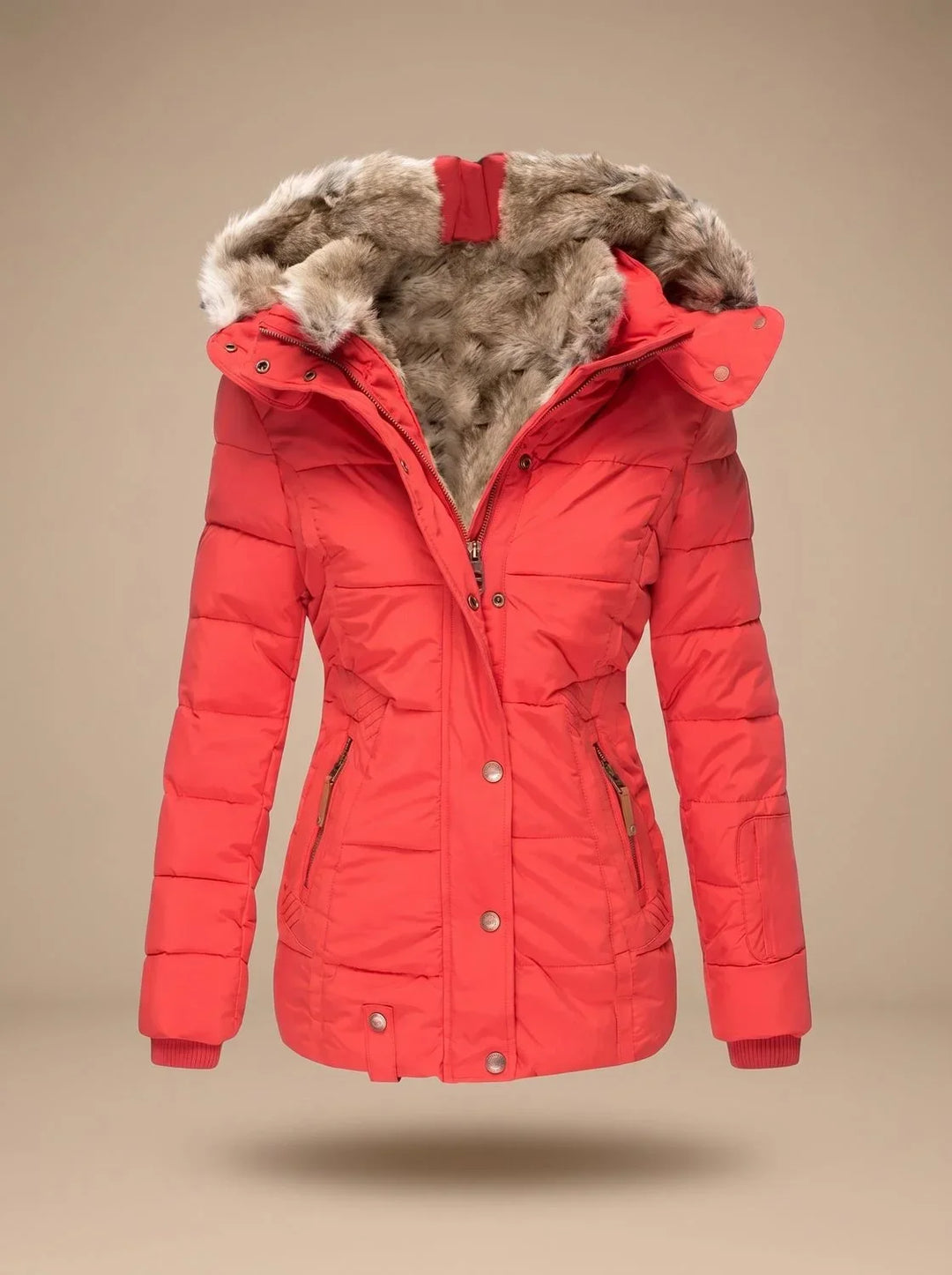 Women's Faux Fur Quilted Puffer Jacket – Red