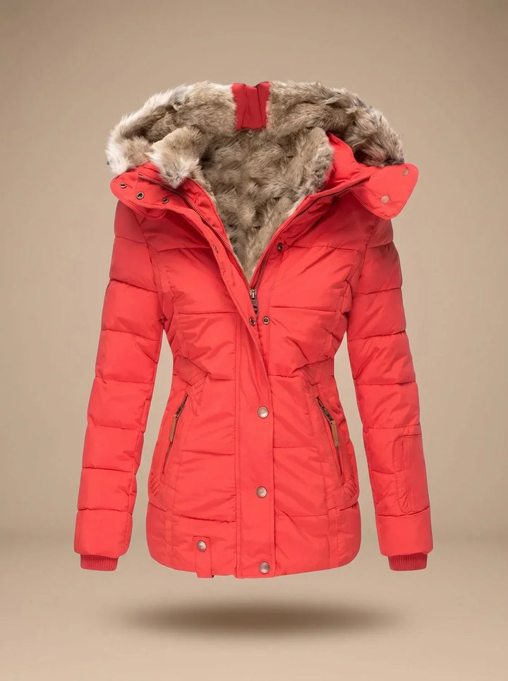 Women's Faux Fur Quilted Puffer Jacket – Red